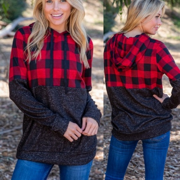 Sweetbb Tops - Last 3!Charcoal Red Plaid Hoodie